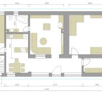 Floor plan of a family house with the layout of rooms, kitchen, and bathroom.
