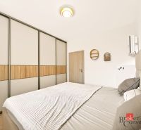 A bedroom with a large built-in wardrobe and a bed in a 2-room apartment.