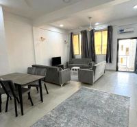 2-room apartment with dark sofas, a dining table, and a television, with a wooden decor floor.