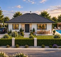A family house with a garage and a swimming pool in Čermany, surrounded by a landscaped garden. Plots - residential.