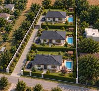 Aerial view of three family houses with pools in Čermany for Land - living.