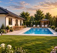 Elegant terrace with garden and pool in Čermany, ideal for residential plots.