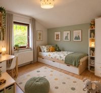 Children's room in a family house with carpet decor and furniture.