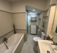 A bathroom in a family house with a bathtub, shower, and light tiles.