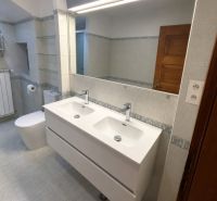 A bathroom with a double sink and a large mirror in a family house.