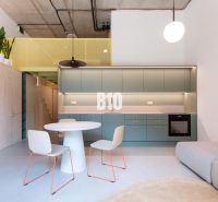 Interior of a 2-room apartment with an open kitchen, seating area, and wooden decor flooring.