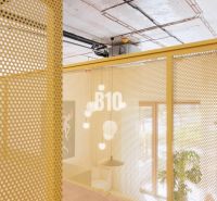 Perforated metal wall in a 2-room apartment with a view of a lamp and a plant.