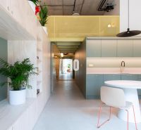 2-room apartment with a kitchen, green cabinets, a table, and a potted plant.