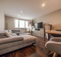 Living room in a 3-room apartment with a comfortable sofa and a wooden decor floor.