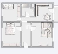 Floor plan of a 3-room apartment with a bathroom, kitchen, bedroom, and living room.