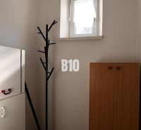 A small room in a family house with a coat rack and a wardrobe, floor with wooden decor.