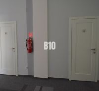 Doors in offices with a fire extinguisher on the wall.