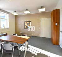 Interior of an office with carpeted floor, desk, chairs, and a wall painting.