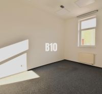 Office interior with carpet and window, view of a wall and radiator.