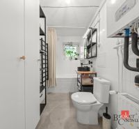 Bathroom with a bathtub, sink, and toilet in a 2-room apartment with modern amenities.