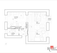 Floor plan of a 2-room apartment with a kitchen, bathroom, and balcony, 48.5 m².