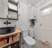 Bathroom in a 2-room apartment with a black sink and a boiler on the wall.