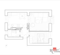 Layout of a 2-room apartment with a kitchen, living room, and bedroom.