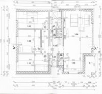 Floor plan of a family house in Horné Saliby, showing the layout of rooms and dimensional data.