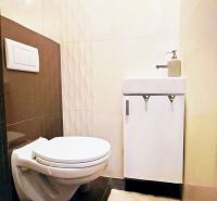 A bathroom in a family house with a toilet, a sink, and embossed tiles.