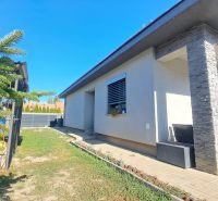 A family house in Horné Saliby with a terrace, greenery, and wooden decor on the cladding.