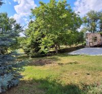 In the garden of a family house in Abaújkér, there is greenery and a stone wall on a paved area.