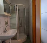 A bathroom in a family house with white tiles and a shower corner.