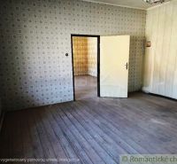 A room with wallpaper and wood-patterned flooring, with another room in the background.