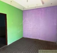 Purple and green wall in commercial space with wood-patterned flooring.