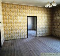 A room with a wooden decor floor and retro wallpaper in commercial premises.