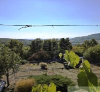 The view from the cottage in Modrý Kameň, surrounded by greenery and hills in the background.