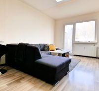 Living room in a two-room apartment with a wooden-decor floor and a comfortable sofa.