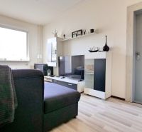 A view into the living room with a wooden decor floor in a 2-room apartment.