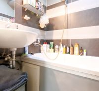 A bathroom in a 2-room apartment with a sink and a bathtub, utilizing storage space for cosmetics.