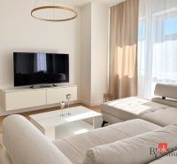 A bright living room with a sofa, television, and wood-decor flooring in a studio apartment.