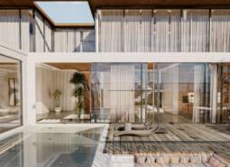 Interior with a pool and terrace, House construction.