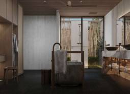 Luxury bathroom with a mirror and sinks, connected to a shower area. House construction.