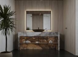 Bathroom with a plant and a sink, intended for house construction.