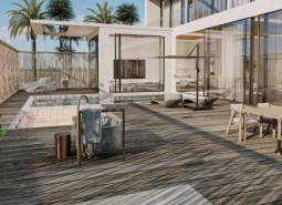 A terrace with a pool and furniture during the construction of houses.