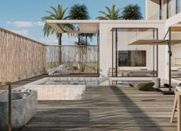 A wooden terrace with a pool and palm trees in the background, Home construction.