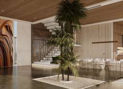 Elegant interior with wooden elements and modern furniture in home construction.