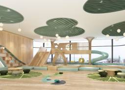 Children's playroom with a wooden decor floor, slide, and creative ceiling. Apartment construction.