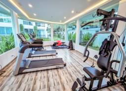 Interior fitness room with exercise machines in a residential building.