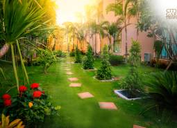A view of the garden during the construction of apartments in Pattaya with ornamental plants.