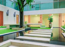 Interior atrium with water feature and greenery, Apartment construction.