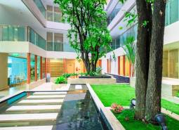 Construction of apartments with an indoor garden and water features, including elegant pathways and greenery.