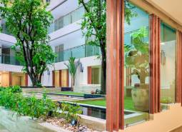 Interior atrium with vegetation and wooden elements, Apartment construction.