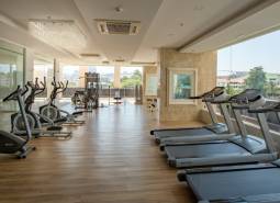 A gym with cardio equipment as part of the apartment construction.
