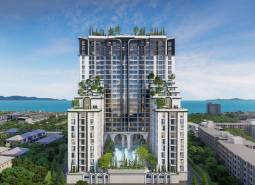 Construction of apartments in the city of Pattaya with sea views and green terraces.