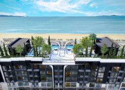 Apartment construction in Pattaya with a beach view, rooftop garden, and pool.